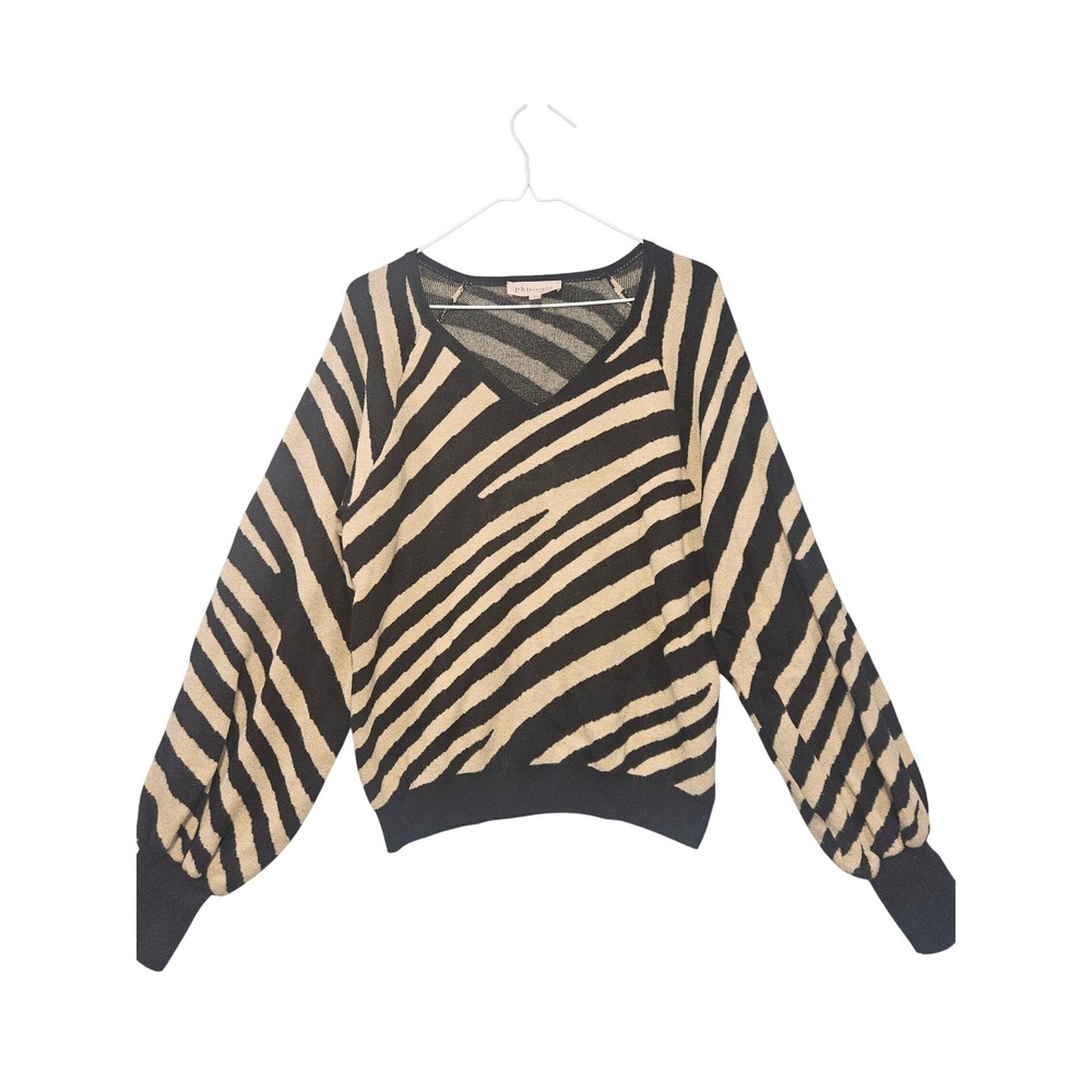Philosophy Republic Clothing Zebra Print V-Neck Balloon Sleeve Sweater Tan Black